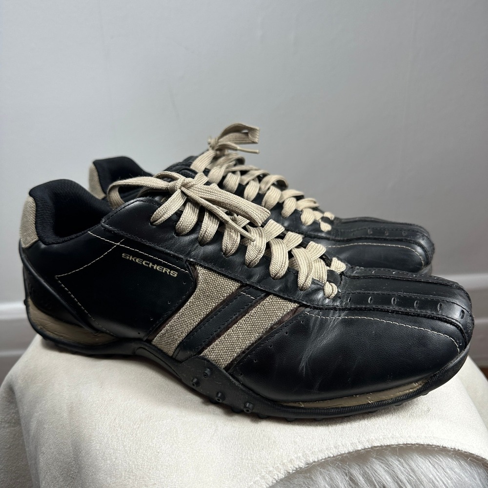 Skechers Mens Leather Sneakers Black Tan Lace Up Casual Y2K Retro Size 10